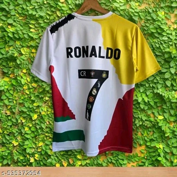 Cristiano Ronaldo Tribute Jersey
Celebrate the legendary career of Cristiano Ronaldo with this unique, multicolor tribute jersey. Featuring badges from all the iconic clubs he played for—Sporting CP, Manchester United, Real Madrid, Juventus, Al-Nassr—and the Portugal national team, this premium-quality tee showcases CR7's journey in style. Comfortable and Very eye-catching - Black, L