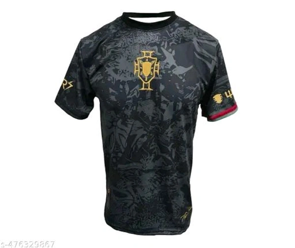 This premium black Portugal jersey with gold accents honors Cristiano Ronaldo. Featuring a GOAT emblem, number 7, and CR7 branding, it’s a sleek and powerful tribute to a football legend. - Black, XXL