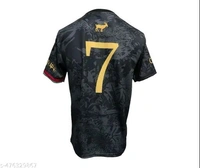 This premium black Portugal jersey with gold accents honors Cristiano Ronaldo. Featuring a GOAT emblem, number 7, and CR7 branding, it’s a sleek and powerful tribute to a football legend. - Black, XXL