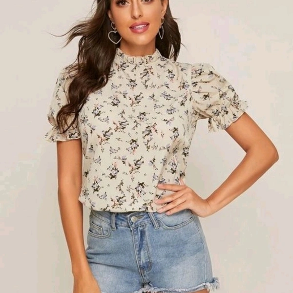 Rayon Puff Sleeved Tops - L - 40
