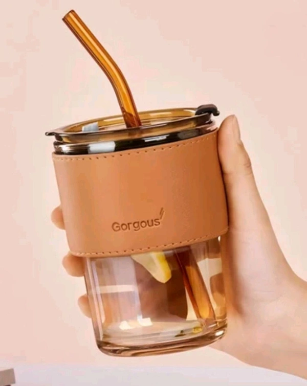 MEXONIC Premium Glass Sipper with Leather Grip & Straw – 300ml - MULTI-COLOUR, 450ml