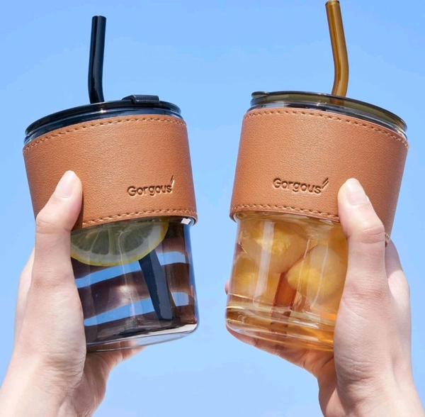 MEXONIC Premium Glass Sipper with Leather Grip & Straw – 300ml - MULTI-COLOUR, 450ml