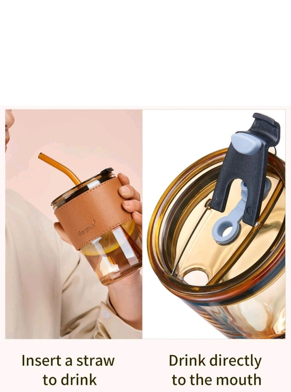 MEXONIC Premium Glass Sipper with Leather Grip & Straw – 300ml - MULTI-COLOUR, 450ml