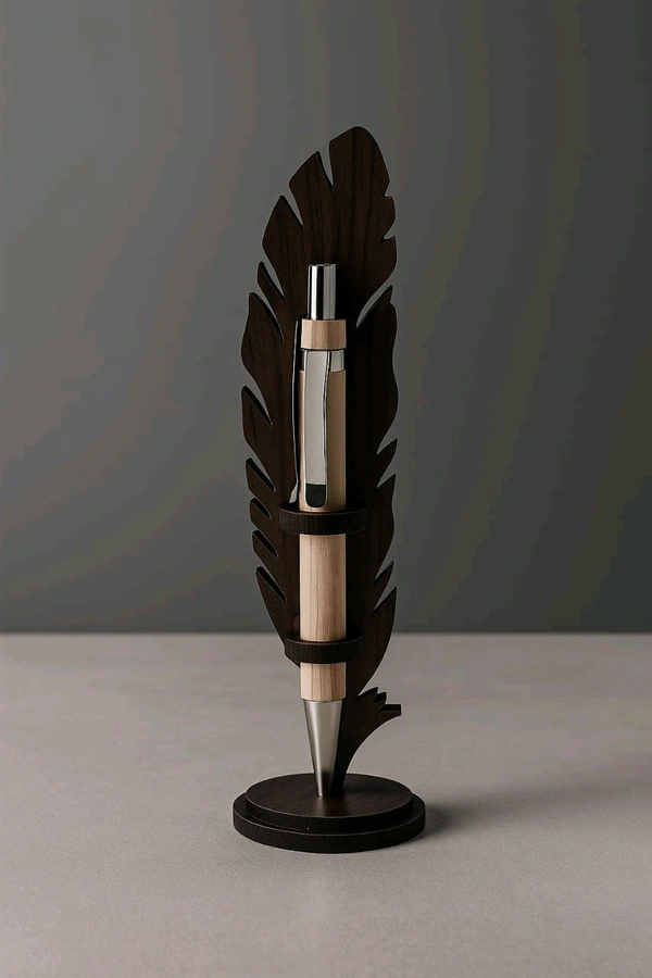 QuickPickDelhi Wooden Feather Pen Stand with Premium Ball Pen – Luxury Gift Combo - Gray