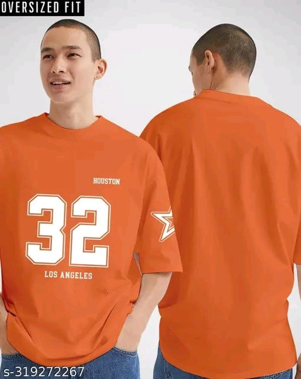 ZENTOR "ZENTOR" Oversized T-shirt for men | Front Print Half Sleeve 32 Los Angeles Crew Neck Cotton T-Shirt(Orange) - XL