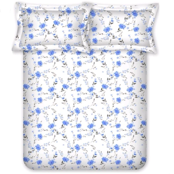 Bombay Dyeing Single Bedsheets Cotton 2 Bedsheets With 2 Pillow Covers Set White Blue Small Floral Print  - 1.50 M X 2.24 M - 2pc