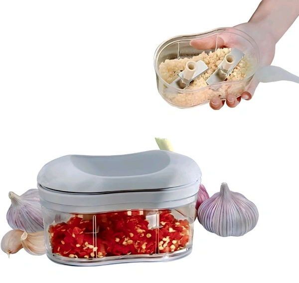 Manual Garlic Chopper, Mini Food Processor for Vegetables and Fruits, Kitchen Hand Push Mincer with Container - White