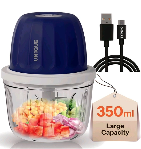 UN1QUE 350ML Rechargeable Mini Electric Chopper for Kicthen Use | One-Touch Operation | 304 Stainless Steel Blades | Chopper Electric for Chop, Mince, Puree, Whisk, Grind (Blue) - Blue