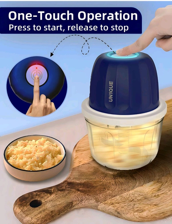 UN1QUE 350ML Rechargeable Mini Electric Chopper for Kicthen Use | One-Touch Operation | 304 Stainless Steel Blades | Chopper Electric for Chop, Mince, Puree, Whisk, Grind (Blue) - Blue