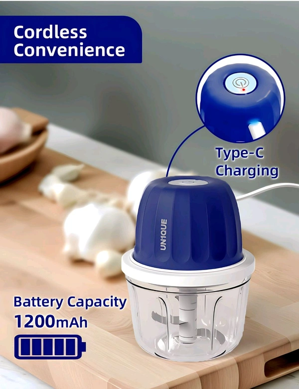 UN1QUE 350ML Rechargeable Mini Electric Chopper for Kicthen Use | One-Touch Operation | 304 Stainless Steel Blades | Chopper Electric for Chop, Mince, Puree, Whisk, Grind (Blue) - Blue