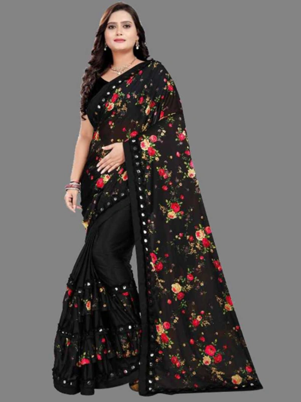 Floral Print Fashion Lycra Blend Saree  (Black)