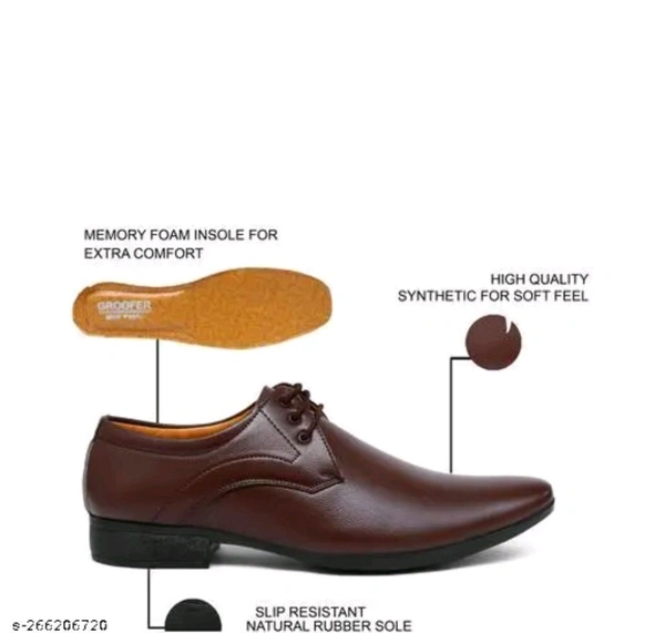 Groofer Men's Brown Sythentic Leather Formal SHoes 
Name: Groofer Men's Brown Sythentic Leather Formal SHoes 
Material: Syntethic Leather
Sole Material: PVC
Sizes: 
IND-6 (Foot Length Size: 25.4 cm) 
IND-7 (Foot Length Size: 26.1 cm) 
IND-8 (Foot Length Size: 26.8 cm) 
IND-9 (Foot Length Size: 27.5 cm) 
IND-10 (Foot Length Size: 28.2 cm - 10