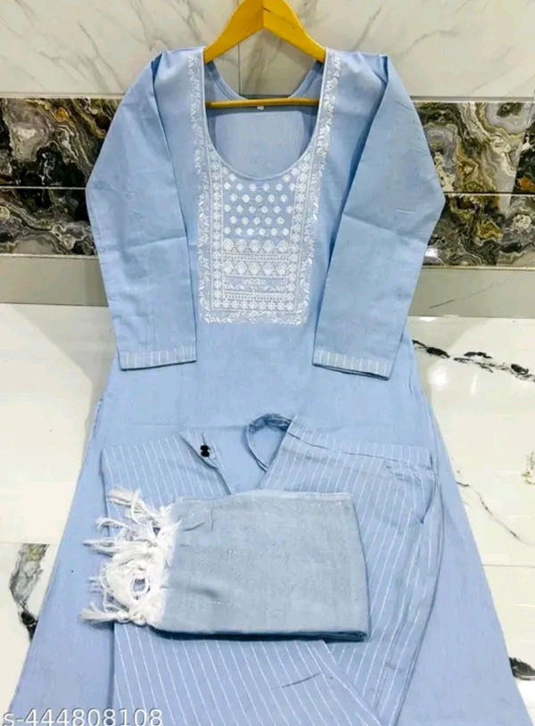 Light Blue  Cotton Woman Kurti Pant Set Girl Kurta Set NEW DESING KURTA SET 
Name: NEW DESING KURTA SET 
Kurta Fabric: Cotton
Bottomwear Fabric: Cotton
Sleeve Length: Three-Quarter Sleeves
Pattern: Solid
Set Type: Kurta with Dupatta and Bottomwear
Stitch Type: Stitched
Net Quantity (N): Single
Sizes: 
S - S