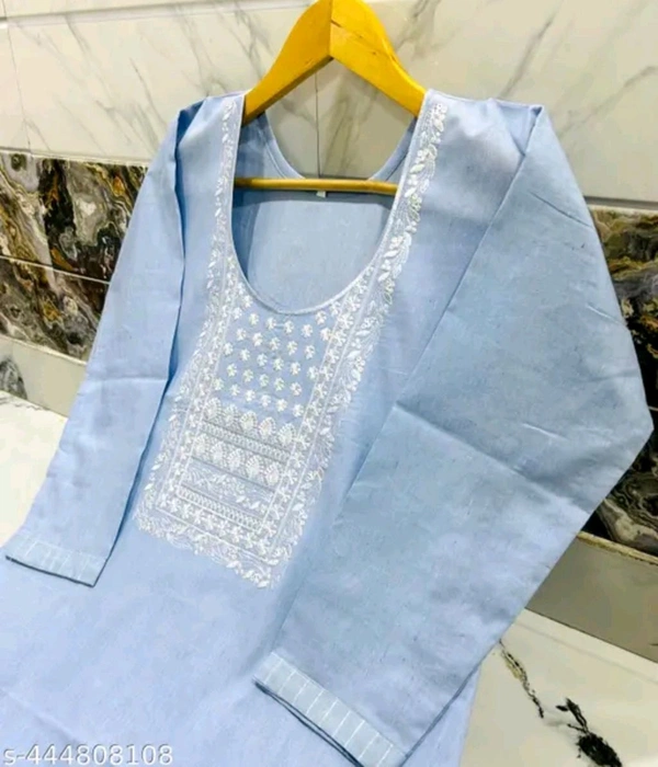 Light Blue  Cotton Woman Kurti Pant Set Girl Kurta Set NEW DESING KURTA SET 
Name: NEW DESING KURTA SET 
Kurta Fabric: Cotton
Bottomwear Fabric: Cotton
Sleeve Length: Three-Quarter Sleeves
Pattern: Solid
Set Type: Kurta with Dupatta and Bottomwear
Stitch Type: Stitched
Net Quantity (N): Single
Sizes: 
S - L