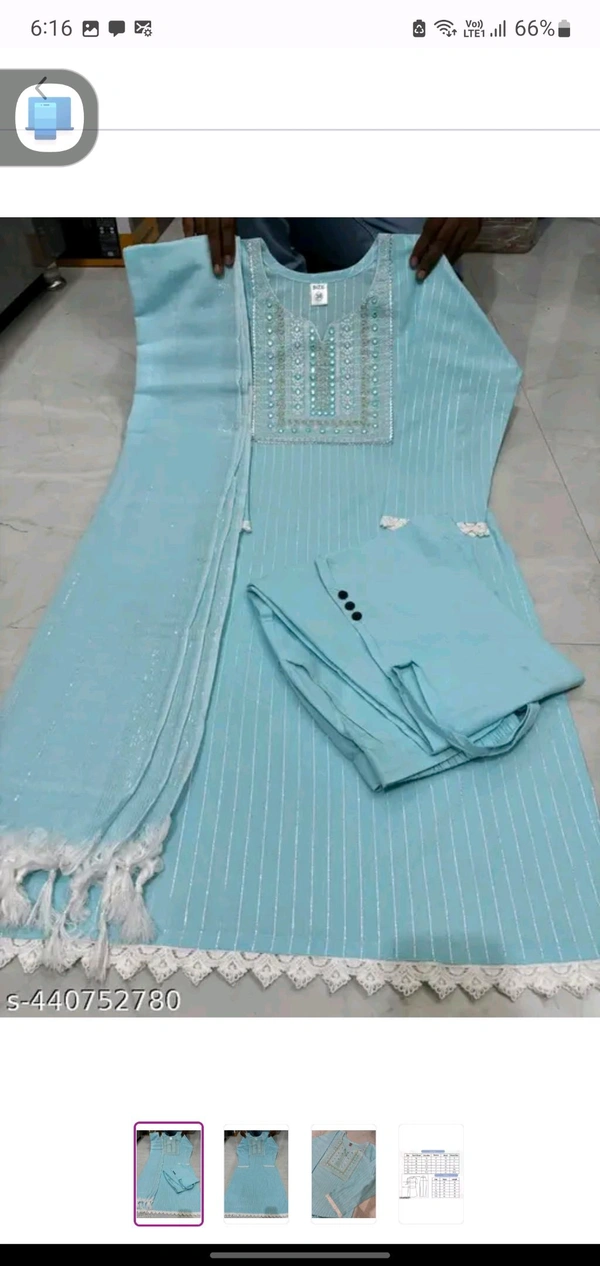 Soft Blue Cotton Woman Kurti Pant Set Girl Kurta Set NEW DESING KURTA SET 
Name: NEW DESING KURTA SET 
Kurta Fabric: Cotton
Bottomwear Fabric: Cotton
Sleeve Length: Three-Quarter Sleeves
Pattern: Solid
Set Type: Kurta with Dupatta and Bottomwear
Stitch Type: Stitched
Net Quantity (N): Single
Sizes: 
S - L