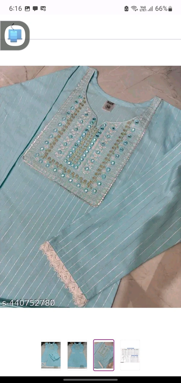 Soft Blue Cotton Woman Kurti Pant Set Girl Kurta Set NEW DESING KURTA SET 
Name: NEW DESING KURTA SET 
Kurta Fabric: Cotton
Bottomwear Fabric: Cotton
Sleeve Length: Three-Quarter Sleeves
Pattern: Solid
Set Type: Kurta with Dupatta and Bottomwear
Stitch Type: Stitched
Net Quantity (N): Single
Sizes: 
S - Xl