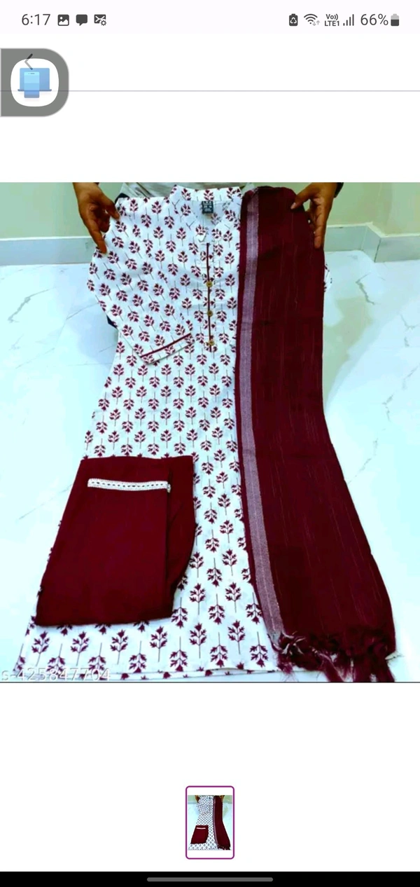 Maroon And White  Cotton Woman Kurti Pant Set Girl Kurta Set NEW DESING KURTA SET 
Name: NEW DESING KURTA SET 
Kurta Fabric: Cotton
Bottomwear Fabric: Cotton
Sleeve Length: Three-Quarter Sleeves
Pattern: Solid
Set Type: Kurta with Dupatta and Bottomwear
Stitch Type: Stitched
Net Quantity (N): Single
Sizes: 
S - M