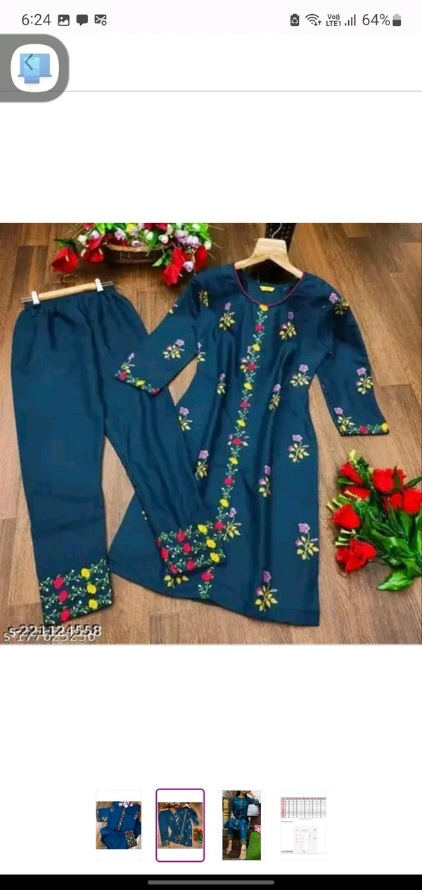Dark Blue Cotton Woman Kurti Pant Set Girl Kurta Set NEW DESING KURTA SET 
Name: NEW DESING KURTA SET 
Kurta Fabric: Cotton
Bottomwear Fabric: Cotton
Sleeve Length: Three-Quarter Sleeves
Pattern: Solid
Set Type: Kurta with Dupatta and Bottomwear
Stitch Type: Stitched
Net Quantity (N): Single
Sizes: 
S - M