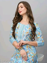 Light Blue kurti Pant Set Girlp cotton kurti with pent for women
Name: cotton kurti with pent for women
Kurta Fabric: Cottonp
Bottomwear Fabric: Cotton
Kurta Color: Yellow
Bottomwear Color: Yellow
Sleeve Length: Three-Quarter Sleeves
Sleeve Styling: Regular
Neck: Round
Length: Calf Length
Pattern: Printed
Print or Pattern Type: Floral
Bottom Type: Pants
  - L