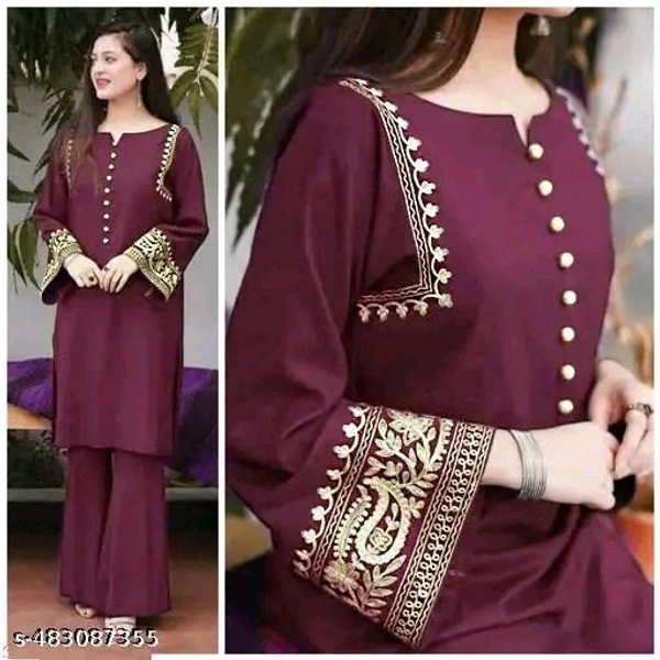 Maroon Kurti For Woman Girl Kurta Set Women Kurta with Trousers
Name: Women Kurta with Trousers
Kurta Fabric: Viscose Rayon
Bottomwear Fabric: Rayon
Sleeve Length: Three-Quarter Sleeves
Set Type: Kurta With Bottomwear
Bottom Type: Palazzos
Pattern: Solid
Net Quantity (N): Single
 - S
