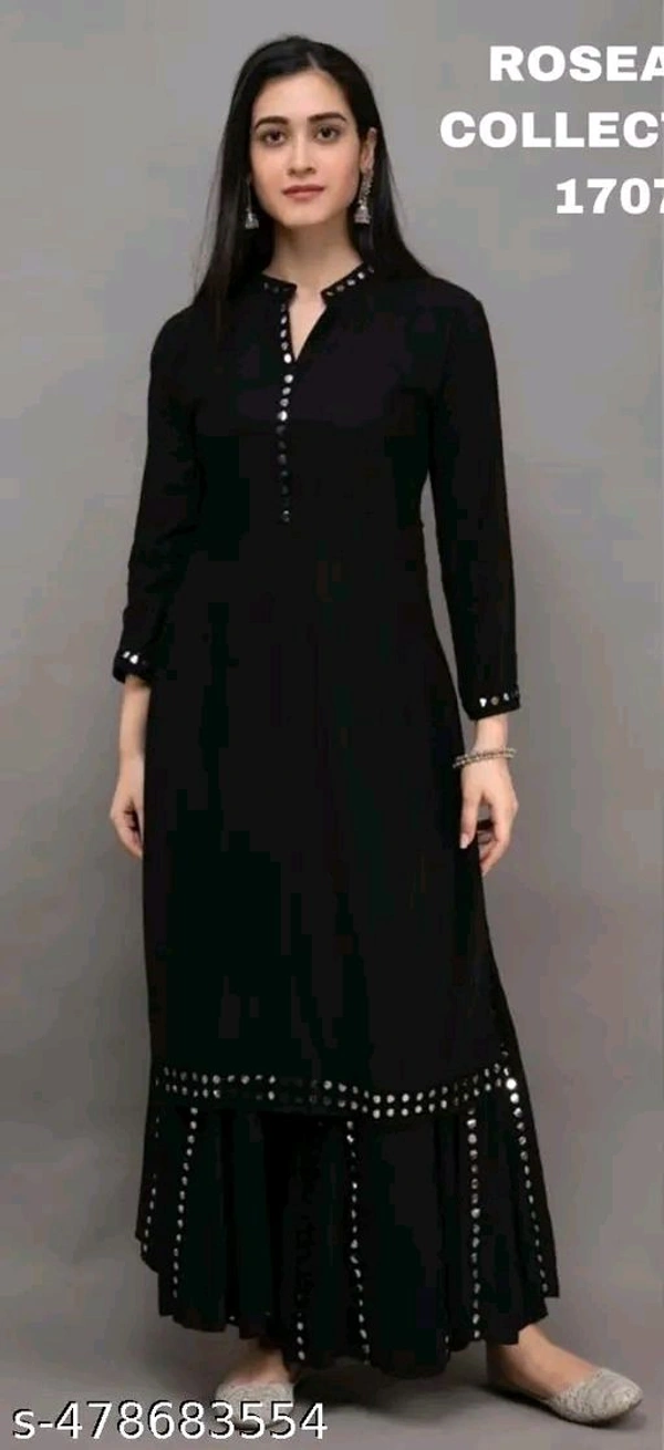 Black Kurta Set For Woman Girl Kurti Set Women's Solid Rayon Kurta with Sharara
Name: Women's Solid Rayon Kurta with Sharara

Sleeve Length: Three-Quarter Sleeves
Pattern: Solid
Sizes:
 - S