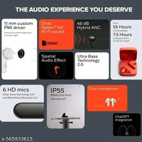 Bluetooth Earbuds Buds pro TWS in Ear Earbuds, 49dB Hybrid Active Cancellation, Spatial Audio, Dual Device Connection, Quad Mic AI ENC, 42 Hrs Playtime, Custom EQ, true Wireless Earbuds
Name: Buds pro TWS in Ear Earbuds, 49dB Hybrid Active Cancellation, Spatial Audio, Dual Device 
PBattery Charge Time: 180 Hours
BIS/ISI Certification Number: 0
Bluetooth Range: 10m

