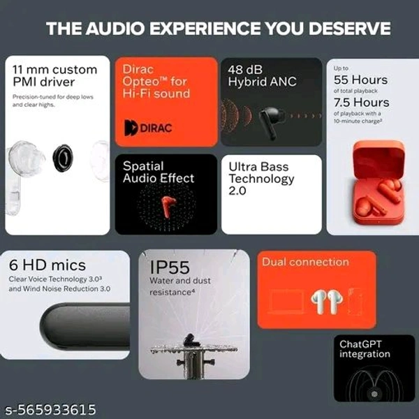 Bluetooth Earbuds Buds pro TWS in Ear Earbuds, 49dB Hybrid Active Cancellation, Spatial Audio, Dual Device Connection, Quad Mic AI ENC, 42 Hrs Playtime, Custom EQ, true Wireless Earbuds
Name: Buds pro TWS in Ear Earbuds, 49dB Hybrid Active Cancellation, Spatial Audio, Dual Device 
PBattery Charge Time: 180 Hours
BIS/ISI Certification Number: 0
Bluetooth Range: 10m

