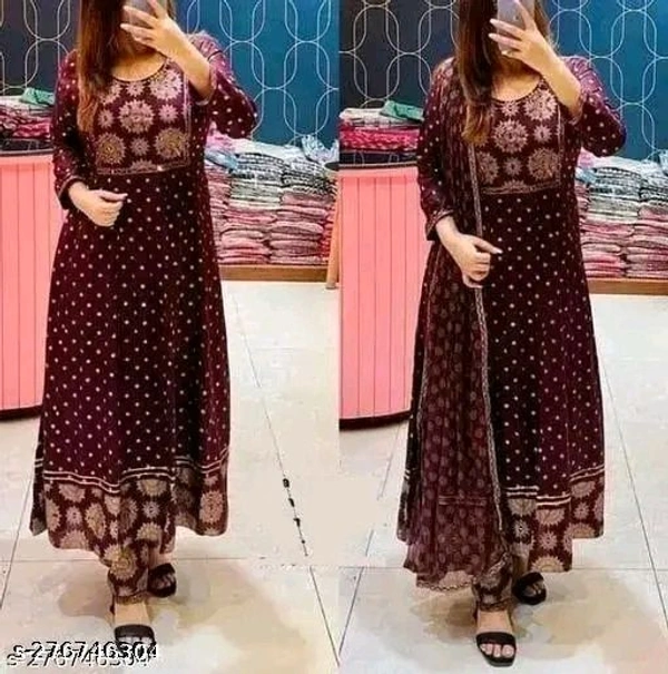 Anarkali Dupatta Set" Women's Printed "Anarkali Kurti" & Pant Dupatta Set 
Name: Anarkali Dupatta Set" Women's Printed "Anarkali Kurti" & Pant Dupatta Set 
Fabric: Rayon
Sleeve Length: Three-Quarter Sleeves
Pattern: Printed
Combo of: Single
 - L, Ripe Plum