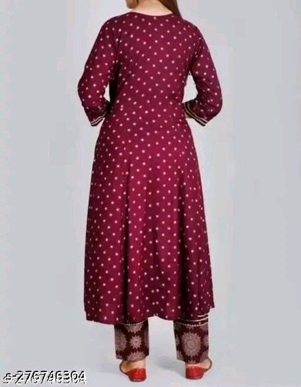 Anarkali Dupatta Set" Women's Printed "Anarkali Kurti" & Pant Dupatta Set 
Name: Anarkali Dupatta Set" Women's Printed "Anarkali Kurti" & Pant Dupatta Set 
Fabric: Rayon
Sleeve Length: Three-Quarter Sleeves
Pattern: Printed
Combo of: Single
 - L, Ripe Plum