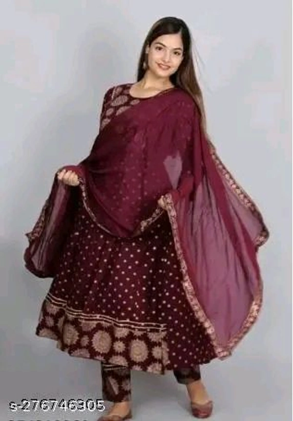 Anarkali Dupatta Set" Women's Printed "Anarkali Kurti" & Pant Dupatta Set 
Name: Anarkali Dupatta Set" Women's Printed "Anarkali Kurti" & Pant Dupatta Set 
Fabric: Rayon
Sleeve Length: Three-Quarter Sleeves
Pattern: Printed
Combo of: Single
 - L, Ripe Plum