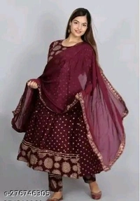 Anarkali Dupatta Set" Women's Printed "Anarkali Kurti" & Pant Dupatta Set 
Name: Anarkali Dupatta Set" Women's Printed "Anarkali Kurti" & Pant Dupatta Set 
Fabric: Rayon
Sleeve Length: Three-Quarter Sleeves
Pattern: Printed
Combo of: Single
 - L, Ripe Plum