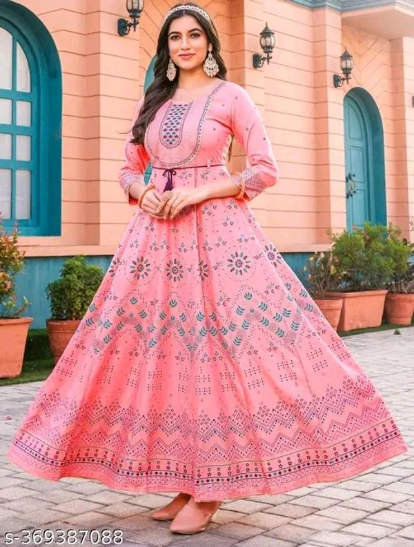 Riyon long embroidery anarkali kurta
Name: Riyon long embroidery anarkali kurta
Fabric: Rayon
Sleeve Length: Three-Quarter Sleeves
Pattern: Printed
Combo of: Single
 - M, Tickle Me Pink