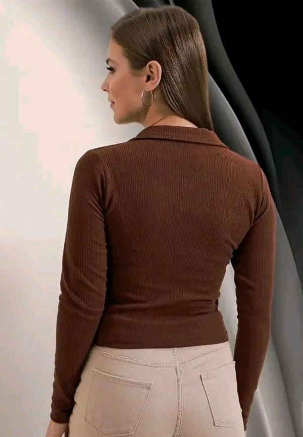 Casual Polyester Blend Ribbed Collar V-Neck & Regular Long Sleeves Stylish Top  - Xs