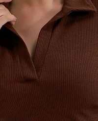 Casual Polyester Blend Ribbed Collar V-Neck & Regular Long Sleeves Stylish Top  - Xs