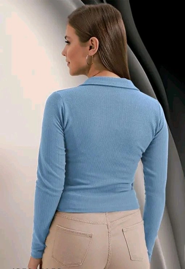 Casual Polyester Blend Ribbed Collar V-Neck & Regular Long Sleeves Stylish Top  - S