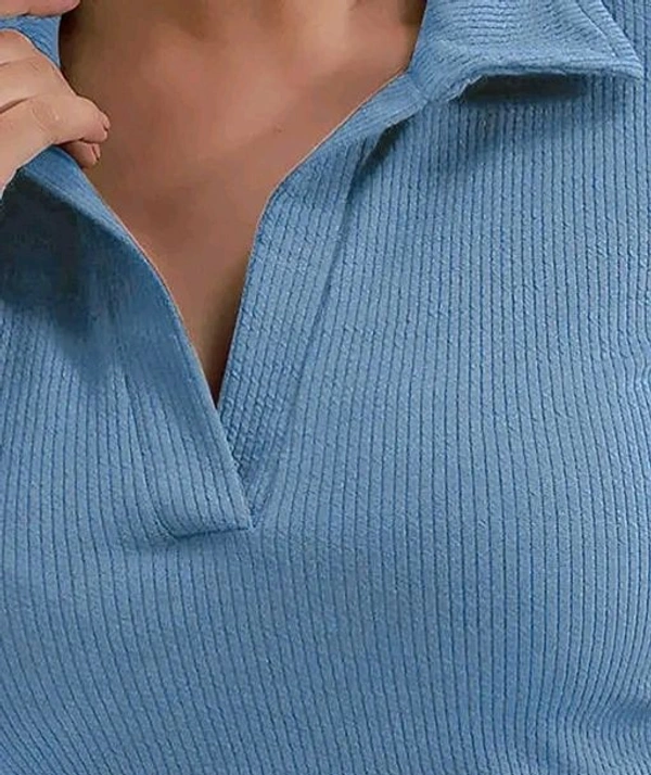 Casual Polyester Blend Ribbed Collar V-Neck & Regular Long Sleeves Stylish Top  - S