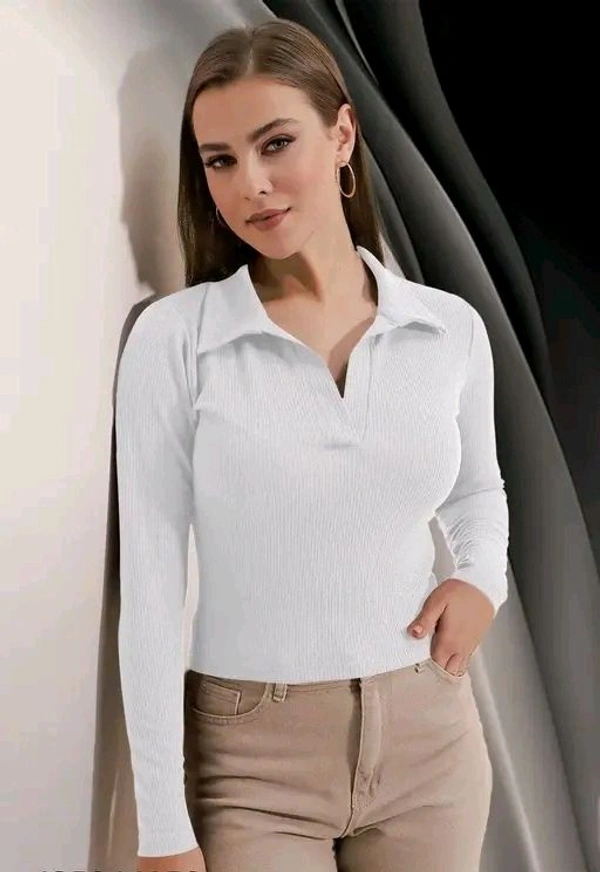 Casual Polyester Blend Ribbed Collar V-Neck & Regular Long Sleeves Stylish Top  - Xl
