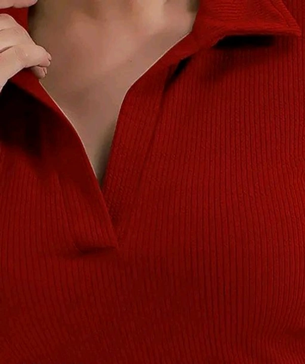 Casual Polyester Blend Ribbed Collar V-Neck & Regular Long Sleeves Stylish Top  - Xs