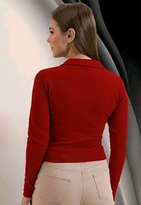 Casual Polyester Blend Ribbed Collar V-Neck & Regular Long Sleeves Stylish Top  - M