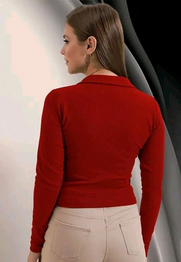 Casual Polyester Blend Ribbed Collar V-Neck & Regular Long Sleeves Stylish Top  - M