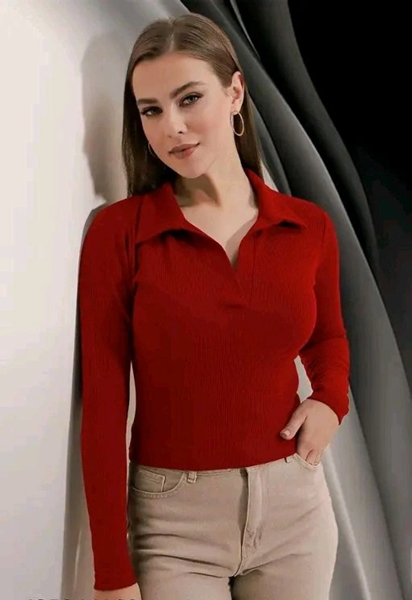 Casual Polyester Blend Ribbed Collar V-Neck & Regular Long Sleeves Stylish Top  - Xl