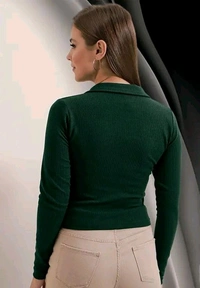 Casual Polyester Blend Ribbed Collar V-Neck & Regular Long Sleeves Stylish Top  - L