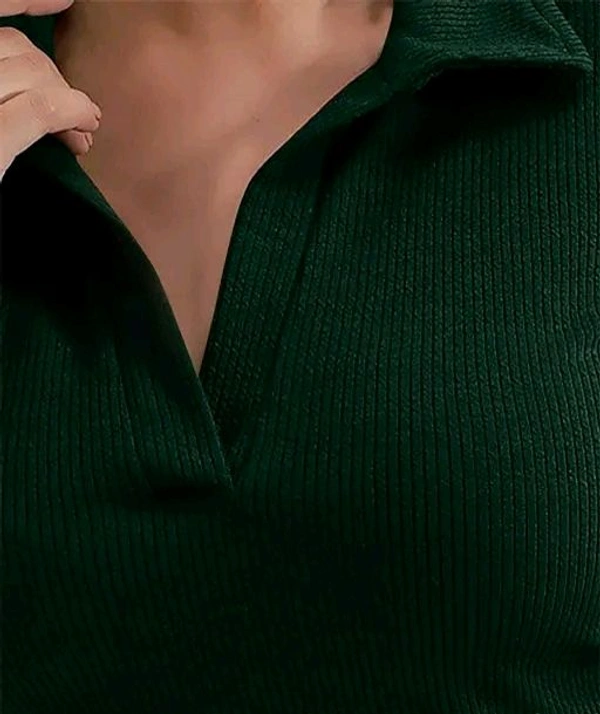 Casual Polyester Blend Ribbed Collar V-Neck & Regular Long Sleeves Stylish Top  - L