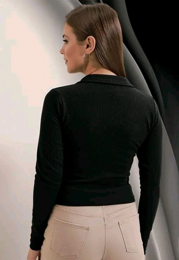 Casual Polyester Blend Ribbed Collar V-Neck & Regular Long Sleeves Stylish Top  - Xs