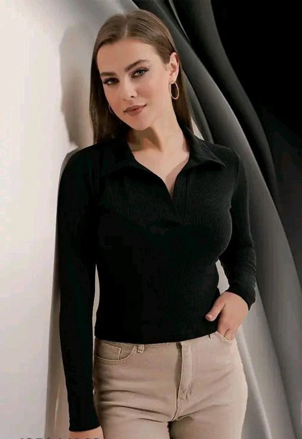 Casual Polyester Blend Ribbed Collar V-Neck & Regular Long Sleeves Stylish Top  - Xl