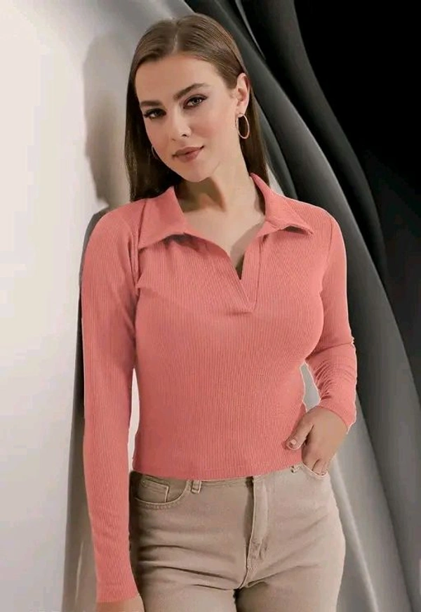 Casual Polyester Blend Ribbed Collar V-Neck & Regular Long Sleeves Stylish Top  - Xs