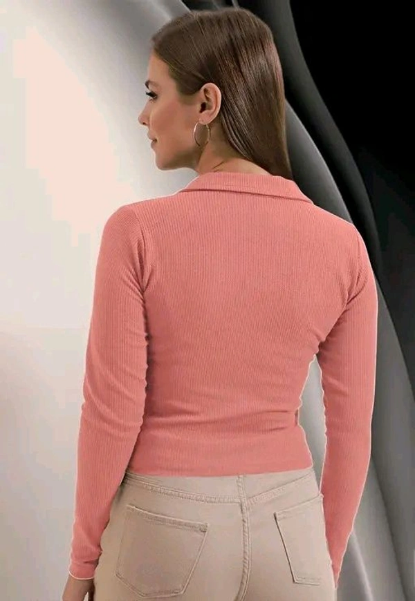 Casual Polyester Blend Ribbed Collar V-Neck & Regular Long Sleeves Stylish Top  - L
