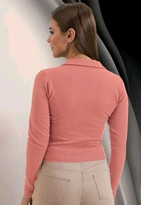 Casual Polyester Blend Ribbed Collar V-Neck & Regular Long Sleeves Stylish Top  - Xl