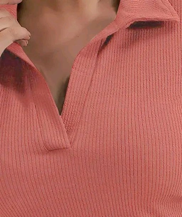 Casual Polyester Blend Ribbed Collar V-Neck & Regular Long Sleeves Stylish Top  - Xl