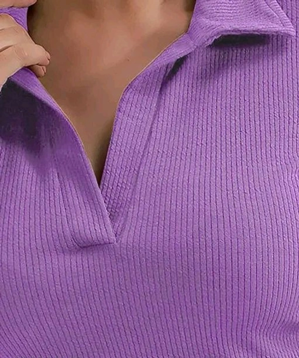 Casual Polyester Blend Ribbed Collar V-Neck & Regular Long Sleeves Stylish Top  - Xl